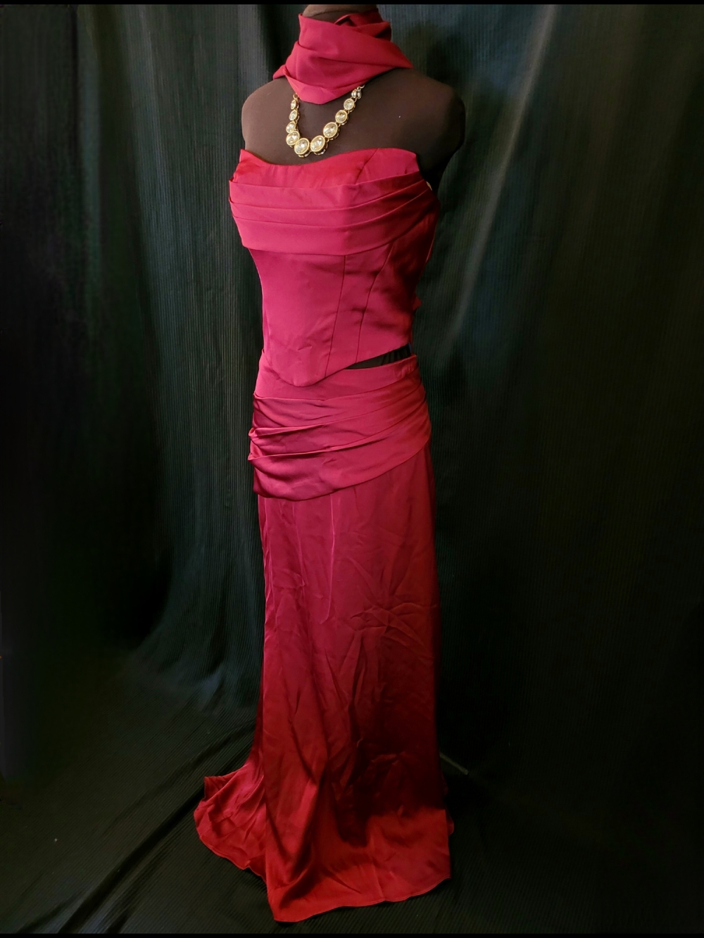 Red 3-Peice Strapless Evening Gown with Draped Waist And Corset Back